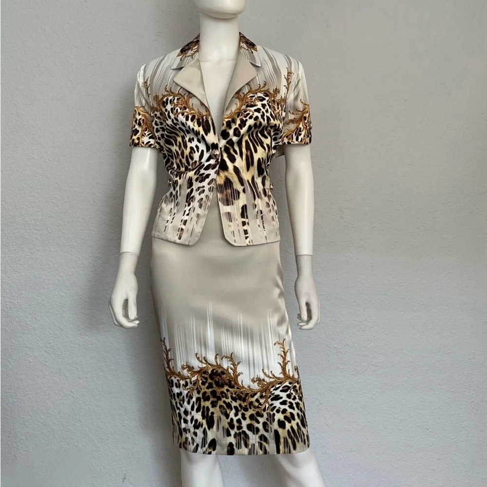 POLEN POE‎ SATIN SKIRT SUIT SET JACKET/SKIRT ANIMAL PRINT SHORT SLEEVES FORMAL